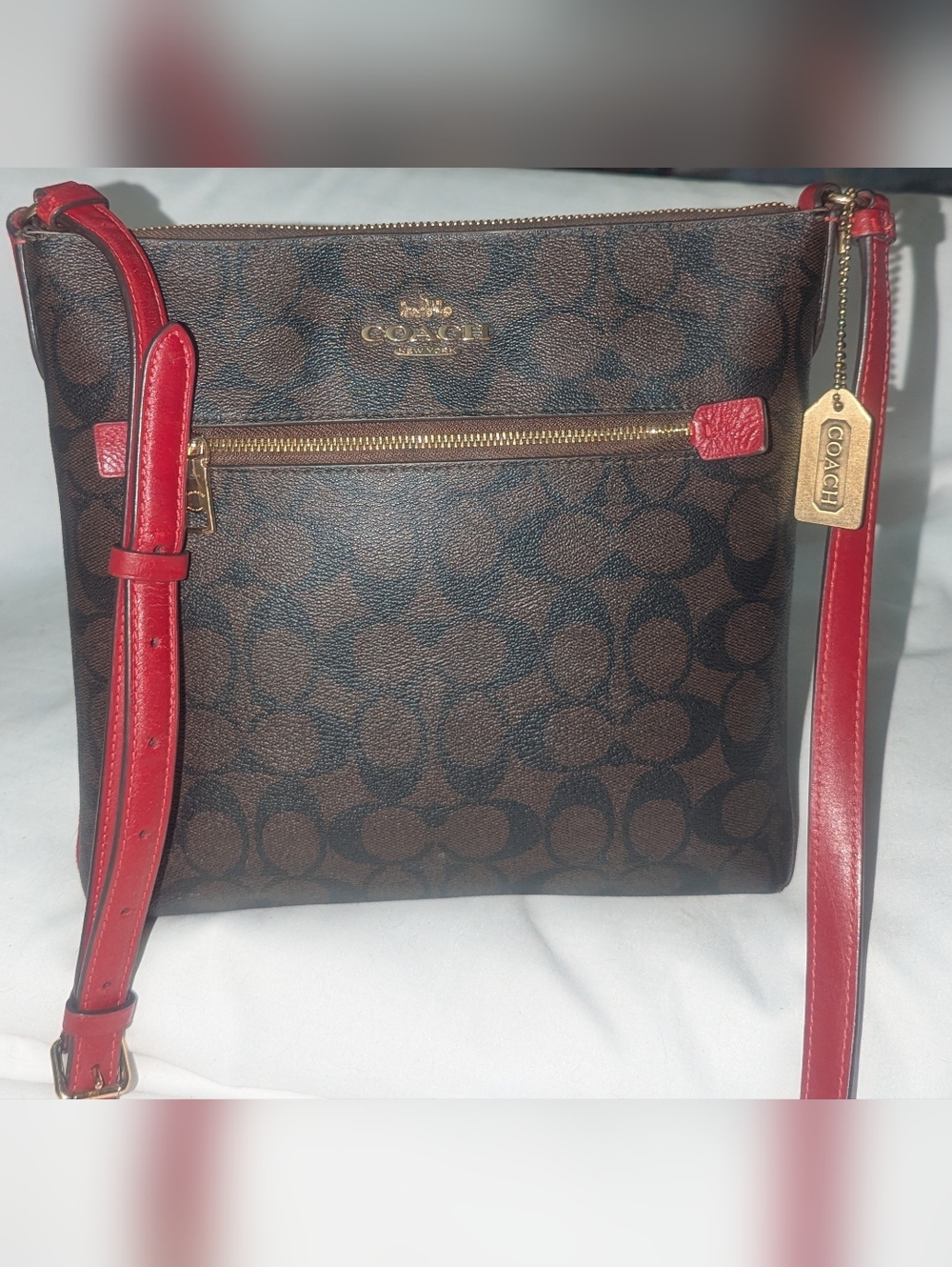 Coach Rowan File Brown Signature Crossbody with Red Trim. C1554